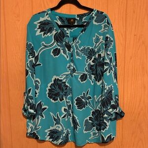 JM Collection Teal and Navy Floral Blouse